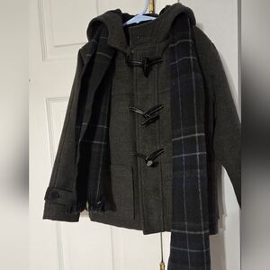 Dark Gray Hooded Coat with Black Plaid Scarf